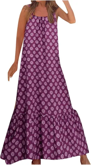Womens Boho Strap Dresses Print Loose Maxi Dress Summer Beach Vacation Casual Sundress Ladies Fashion Travel Clothes
