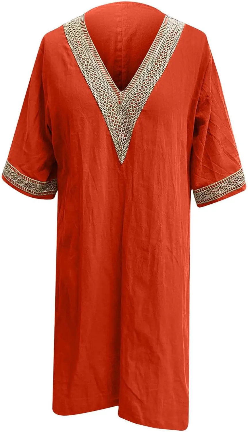 Women's Boho Tunic Dress V Neck 3/4 Sleeve Casual Loose Fit Summer Beach Dresses with Lace Trim Lightweight Sundress