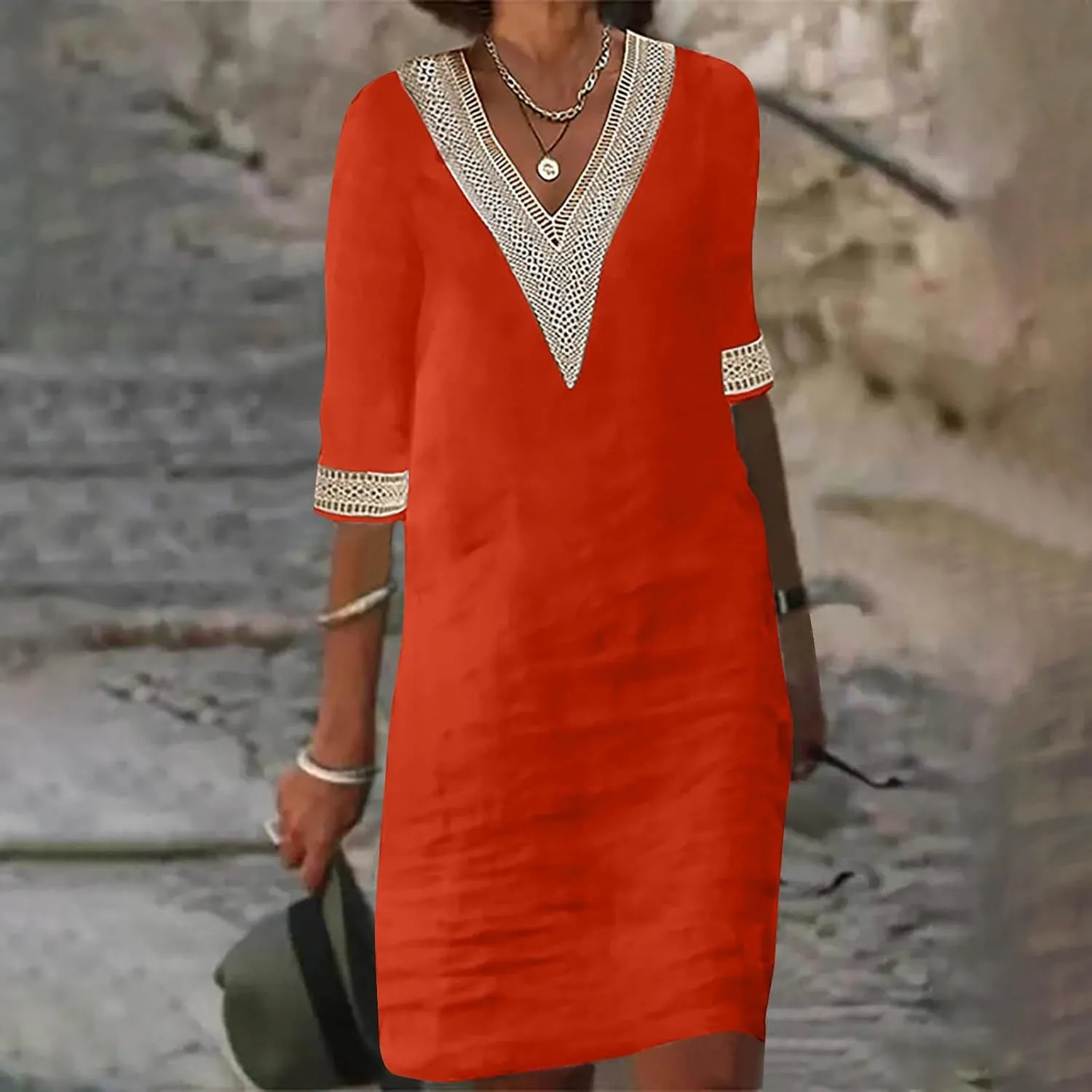 Women's Boho Tunic Dress V Neck 3/4 Sleeve Casual Loose Fit Summer Beach Dresses with Lace Trim Lightweight Sundress