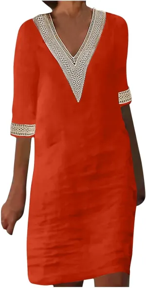 Women's Boho Tunic Dress V Neck 3/4 Sleeve Casual Loose Fit Summer Beach Dresses with Lace Trim Lightweight Sundress
