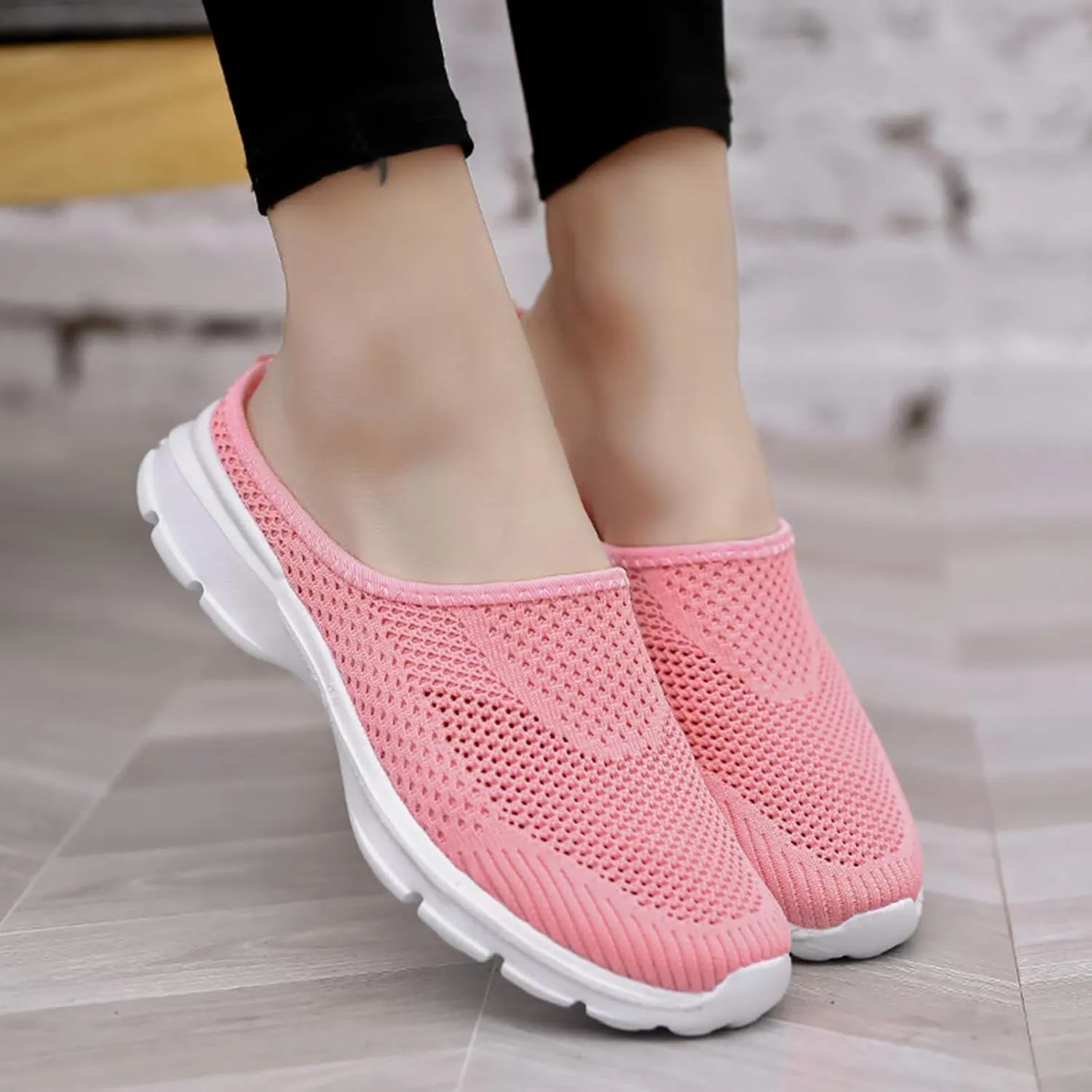 Womens Breathable Mesh Walking Mules Sneakers Open Back Slip On Shoes Knit Flats Lightweight Comfortable Backless Slip-on Mule Slippers Casual House Comfort Indoor Outdoor Anti-Skid Sole Clog