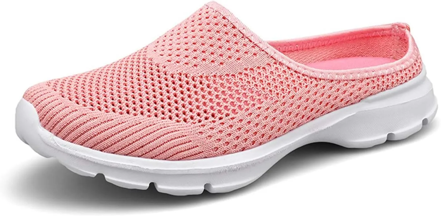 Womens Breathable Mesh Walking Mules Sneakers Open Back Slip On Shoes Knit Flats Lightweight Comfortable Backless Slip-on Mule Slippers Casual House Comfort Indoor Outdoor Anti-Skid Sole Clog