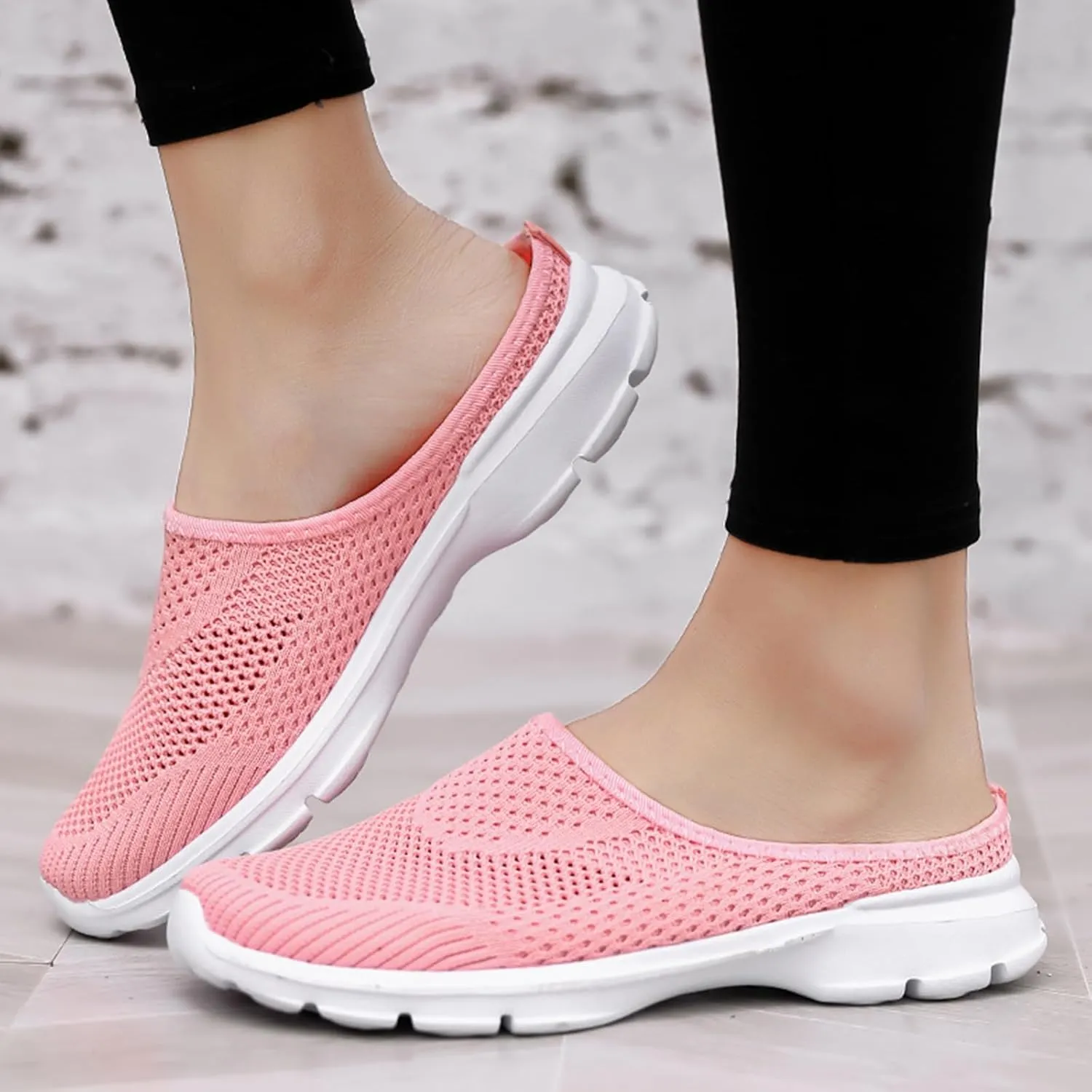 Womens Breathable Mesh Walking Mules Sneakers Open Back Slip On Shoes Knit Flats Lightweight Comfortable Backless Slip-on Mule Slippers Casual House Comfort Indoor Outdoor Anti-Skid Sole Clog