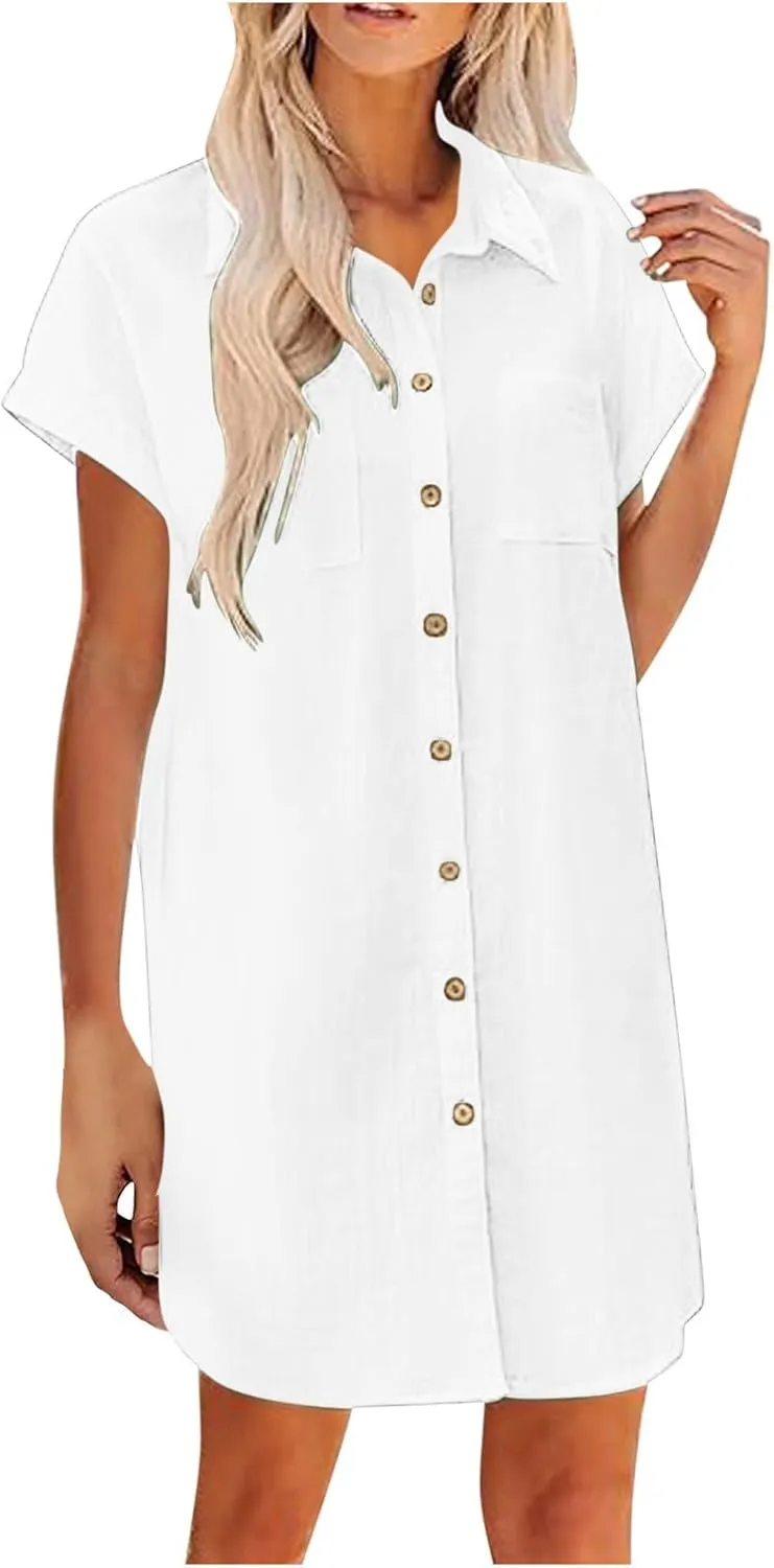 Womens Button Down Shirt Dress Summer Cotton Linen Dress V Neck Mini Dress Casual Short Sleeve Beach Tunic Dresses