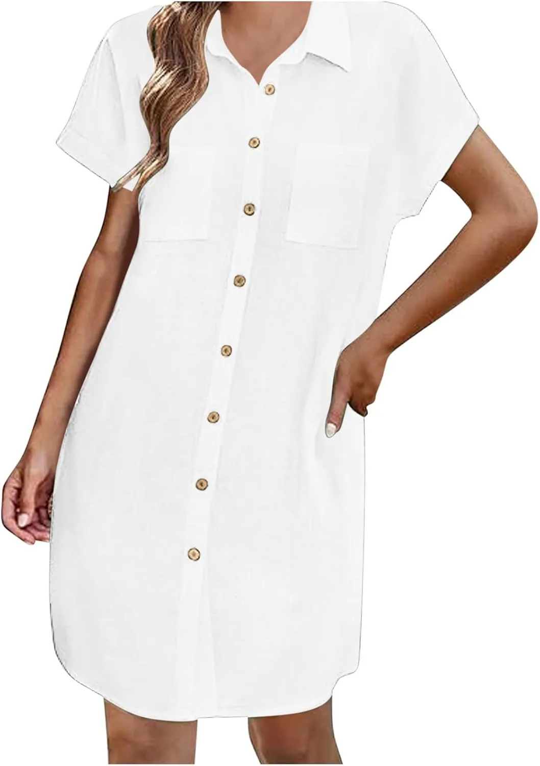 Womens Button Down Shirt Dress Summer Cotton Linen Dress V Neck Mini Dress Casual Short Sleeve Beach Tunic Dresses