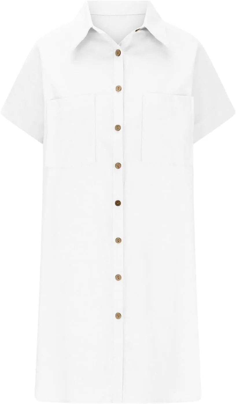 Womens Button Down Shirt Dress Summer Cotton Linen Dress V Neck Mini Dress Casual Short Sleeve Beach Tunic Dresses