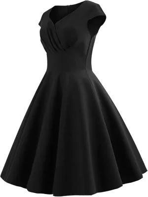 Womens Cap Sleeve 1950s Retro Vintage Cocktail Swing Dresses Elegant Pleated A-Line Midi Dress Evening Party Dress
