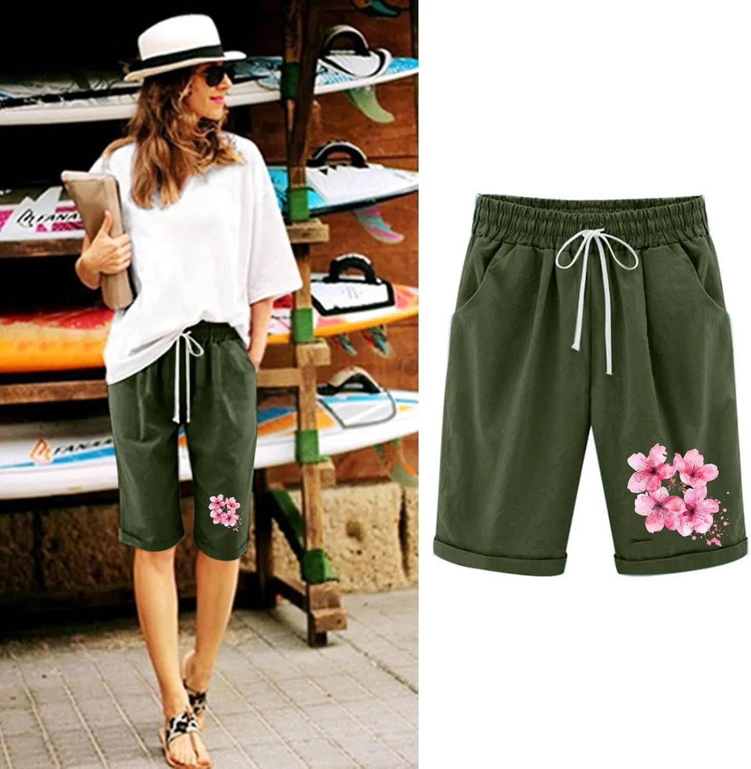 Womens Capris for Summer Cotton Linen Pants High Waistd Drawstring Linen Casual Loose Casual Trouser with Pockets