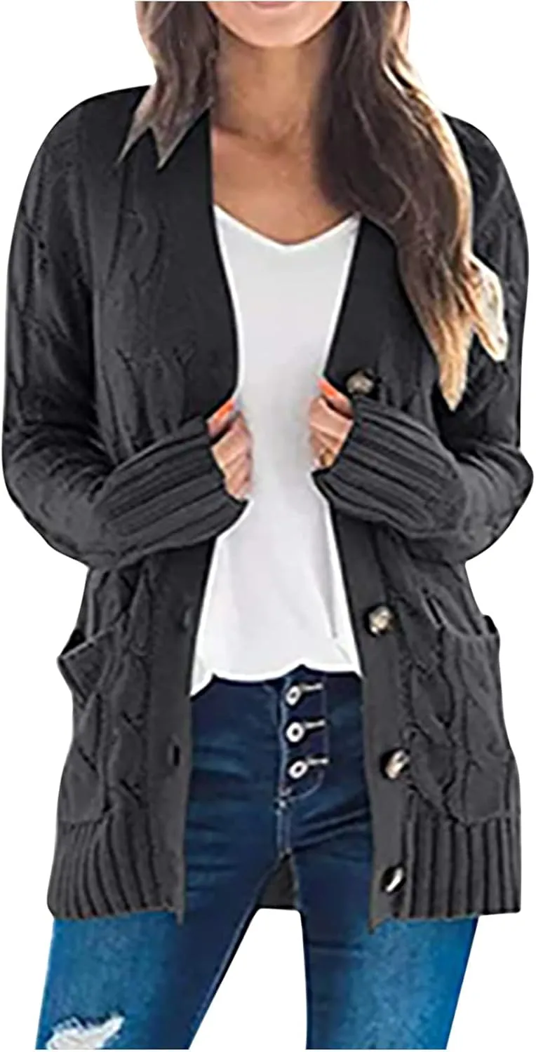Women's Cardigan Chunky Open Front Button Sweaters with Pockets Loose Slouchy Oversized Fall Outerwear Coat