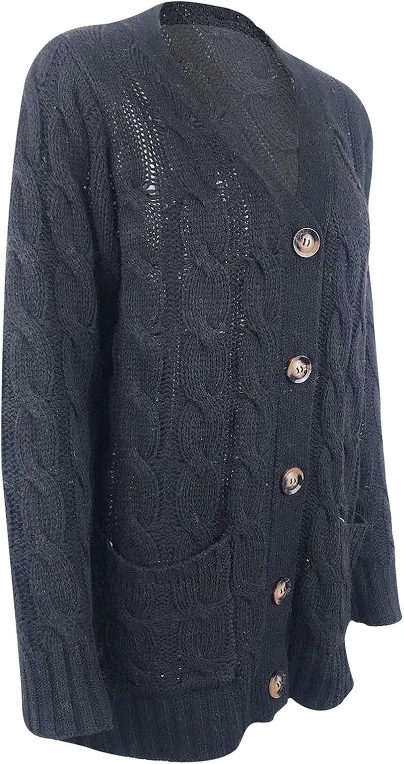 Womens Cardigan Sweaters Dressy Casual Long Sleeve Cable Knit Sweater Open Front Cardigan Button Loose Coat