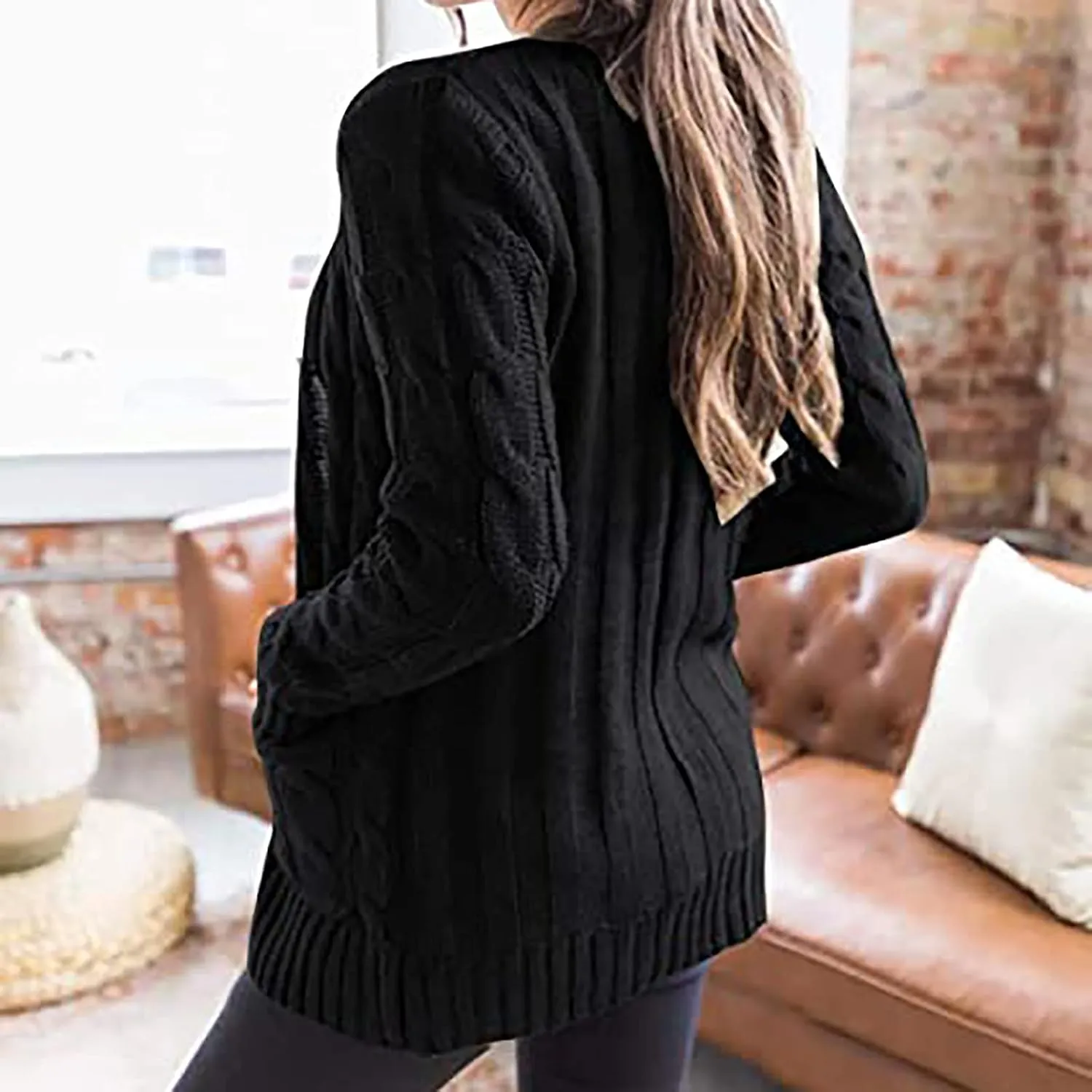 Womens Cardigan Sweaters Dressy Casual Long Sleeve Cable Knit Sweater Open Front Cardigan Button Loose Coat