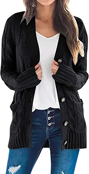 Womens Cardigan Sweaters Dressy Casual Long Sleeve Cable Knit Sweater Open Front Cardigan Button Loose Coat