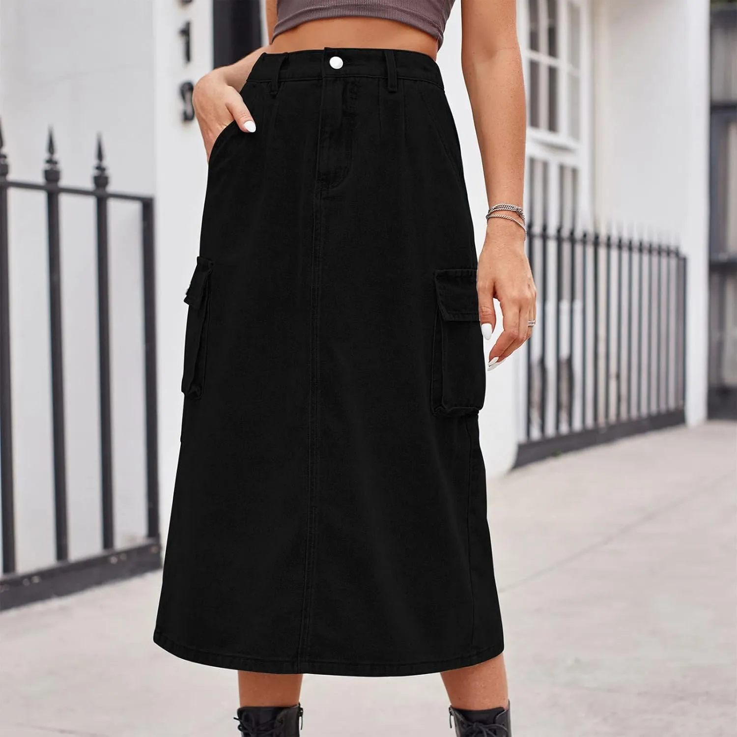 Women's Cargo Denim Skirt 2024 Fashion Button High Waisted Skirt Teen Girls Cute Loose Straight Going Out Jean Skirt