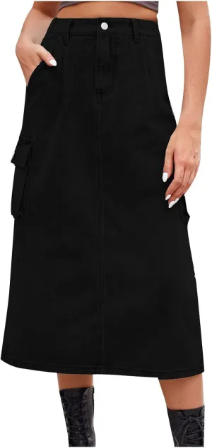 Women's Cargo Denim Skirt 2024 Fashion Button High Waisted Skirt Teen Girls Cute Loose Straight Going Out Jean Skirt
