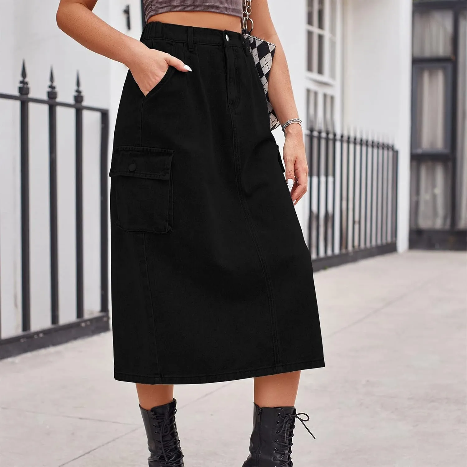 Women's Cargo Denim Skirt 2024 Fashion Button High Waisted Skirt Teen Girls Cute Loose Straight Going Out Jean Skirt