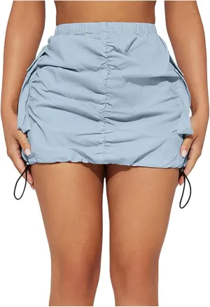 Womens Cargo Skirt Casual Summer High Waisted Bodycon Pencil Ruched Mini Skirts Side Drawstring and Hot Mini
