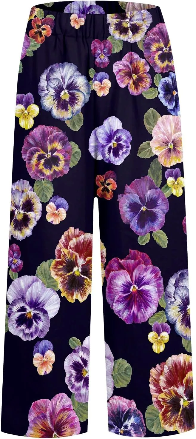 Women's Casual Boho Floral Print Cotton Linen Pants Elastic Waisted Drawstring Summer Spring Beach Baggy Capri