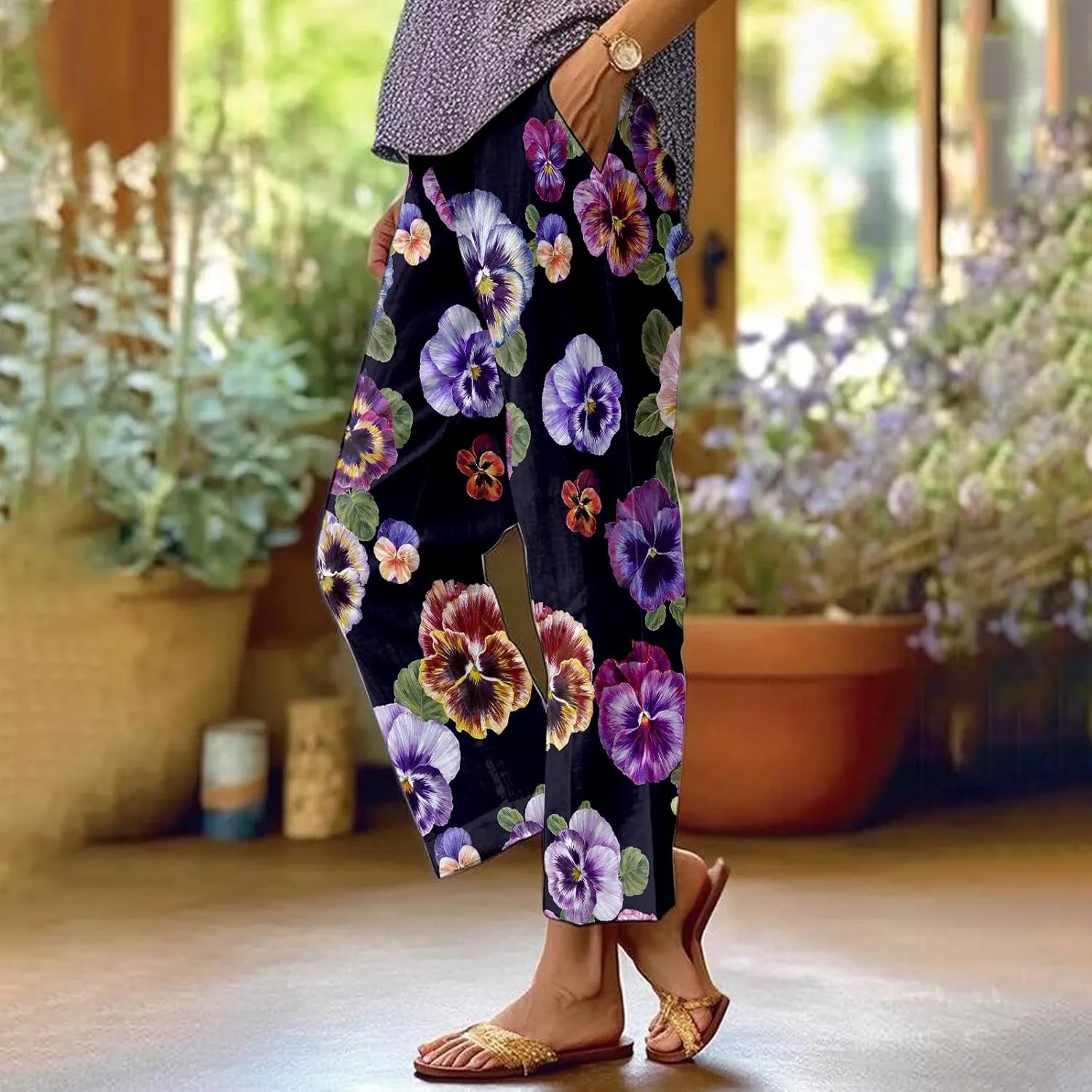 Women's Casual Boho Floral Print Cotton Linen Pants Elastic Waisted Drawstring Summer Spring Beach Baggy Capri
