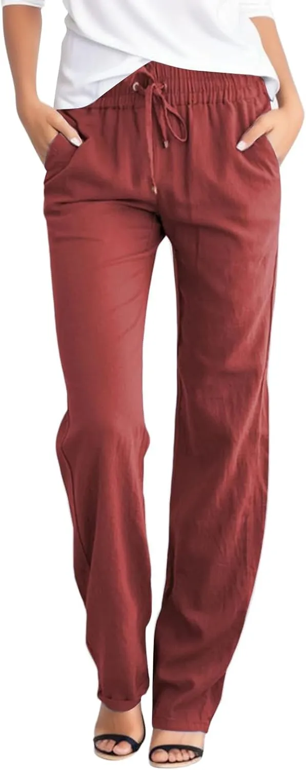 Womens Casual Cotton Linen Pants Straight High Waisted Drawstring Pants Elastic Waist Wide Leg Summer Loose Flowy Trousers