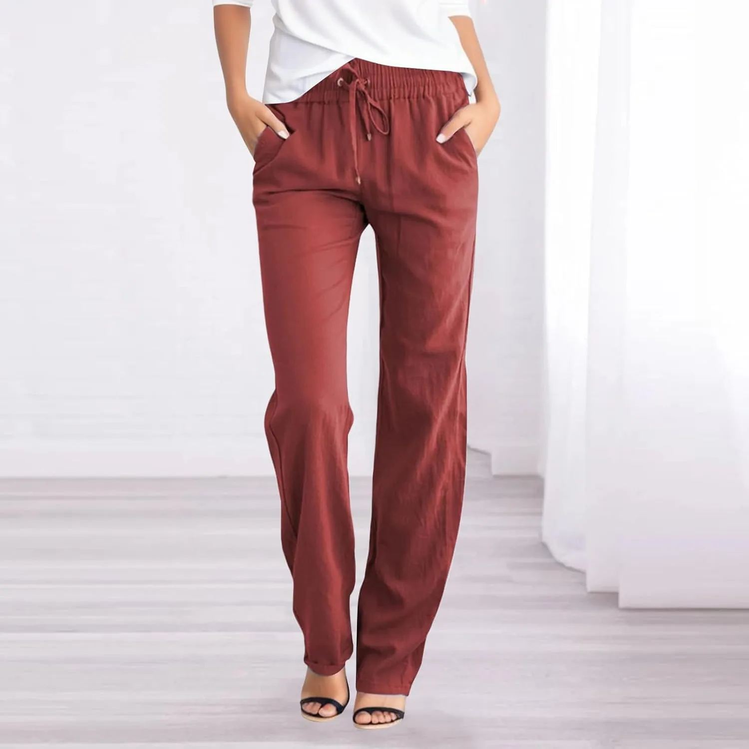 Womens Casual Cotton Linen Pants Straight High Waisted Drawstring Pants Elastic Waist Wide Leg Summer Loose Flowy Trousers