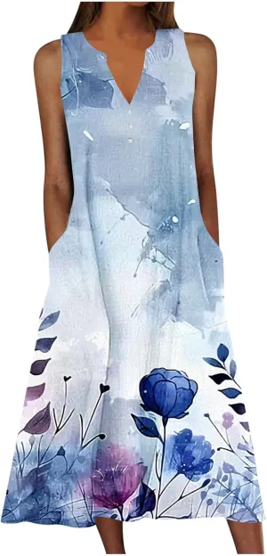 Womens Casual Floral Print Midi Dress Button V Neck Sleeveless Tank Dresses Summer Flowy Boho Beach Party Sundress