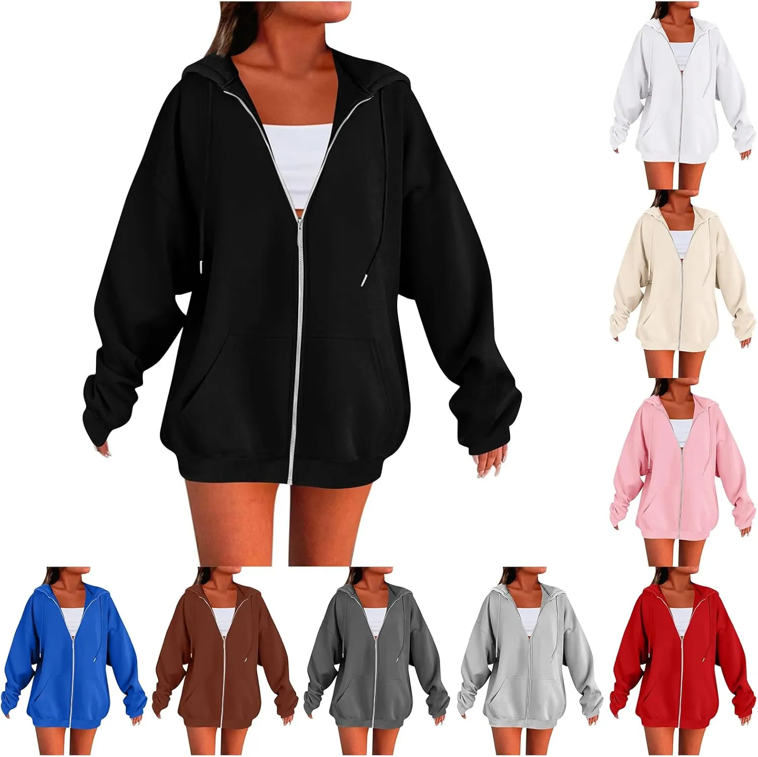 Womens Casual Full Zip Up Hoodies Oversized Long Sleeve Solid Sweatshirts Fall Trendy Comfy Loose Jacket with Pockets