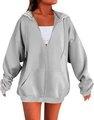 Womens Casual Full Zip Up Hoodies Oversized Long Sleeve Solid Sweatshirts Fall Trendy Comfy Loose Jacket with Pockets