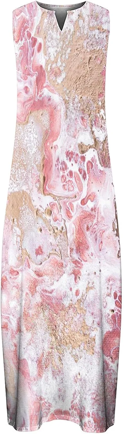 Womens Casual Loose Printed Tank Dress Summer Beach V-Neck Pocket Sundress Sleeveless Floor Length Dresses