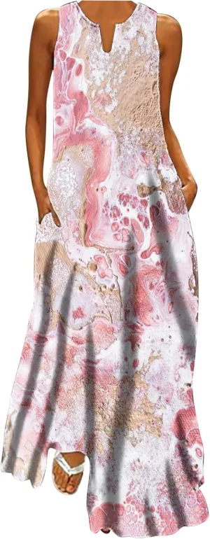 Womens Casual Loose Printed Tank Dress Summer Beach V-Neck Pocket Sundress Sleeveless Floor Length Dresses