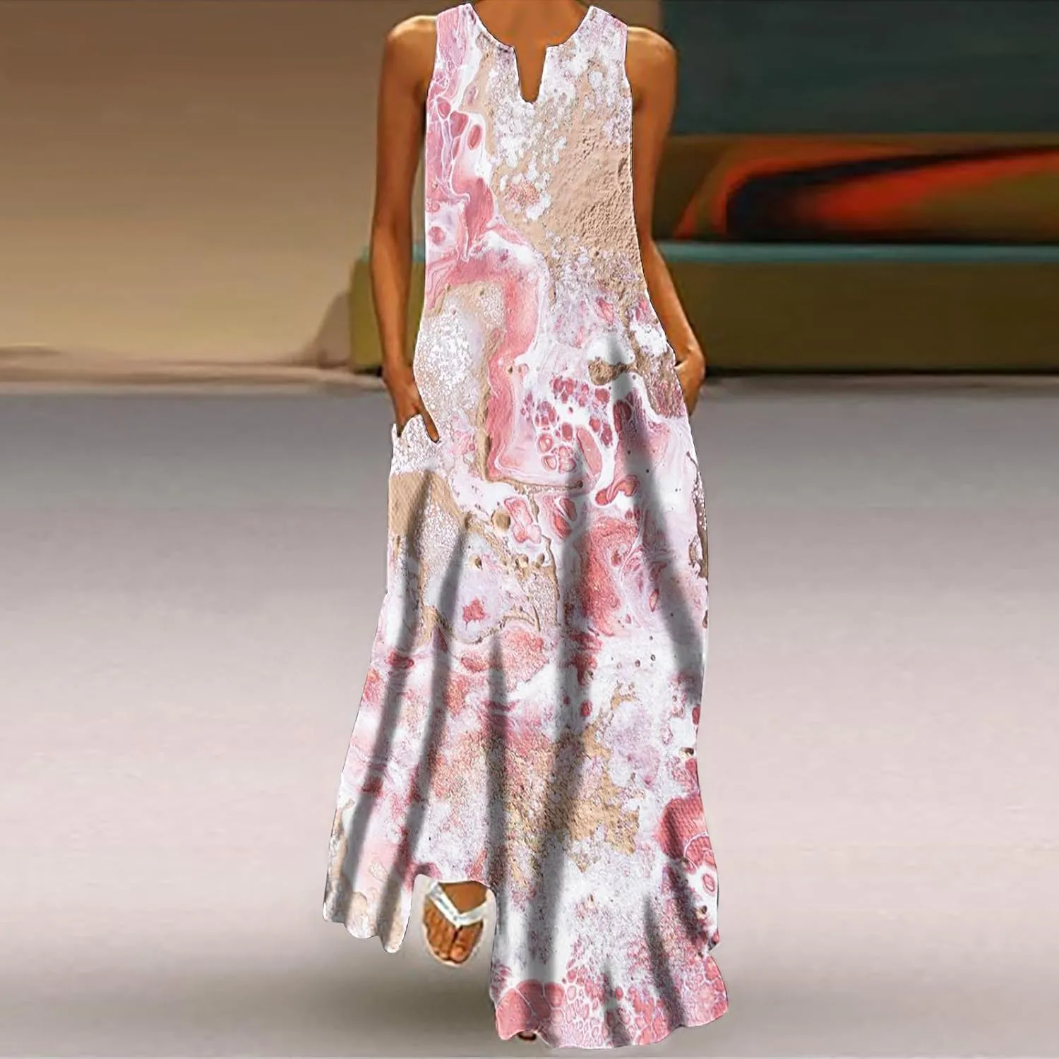 Womens Casual Loose Printed Tank Dress Summer Beach V-Neck Pocket Sundress Sleeveless Floor Length Dresses