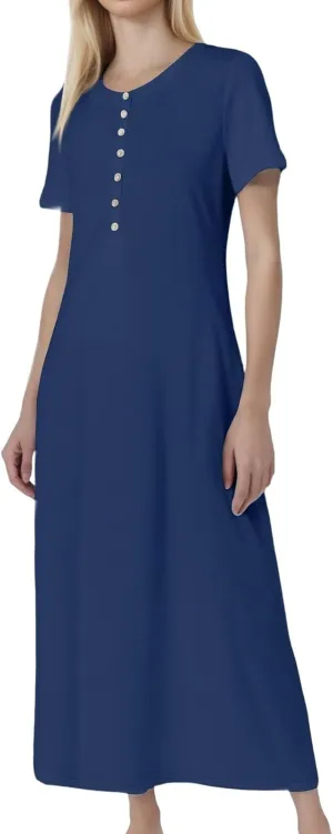 Women's Casual Printed Summer Round Neck Button Dress with Pockets