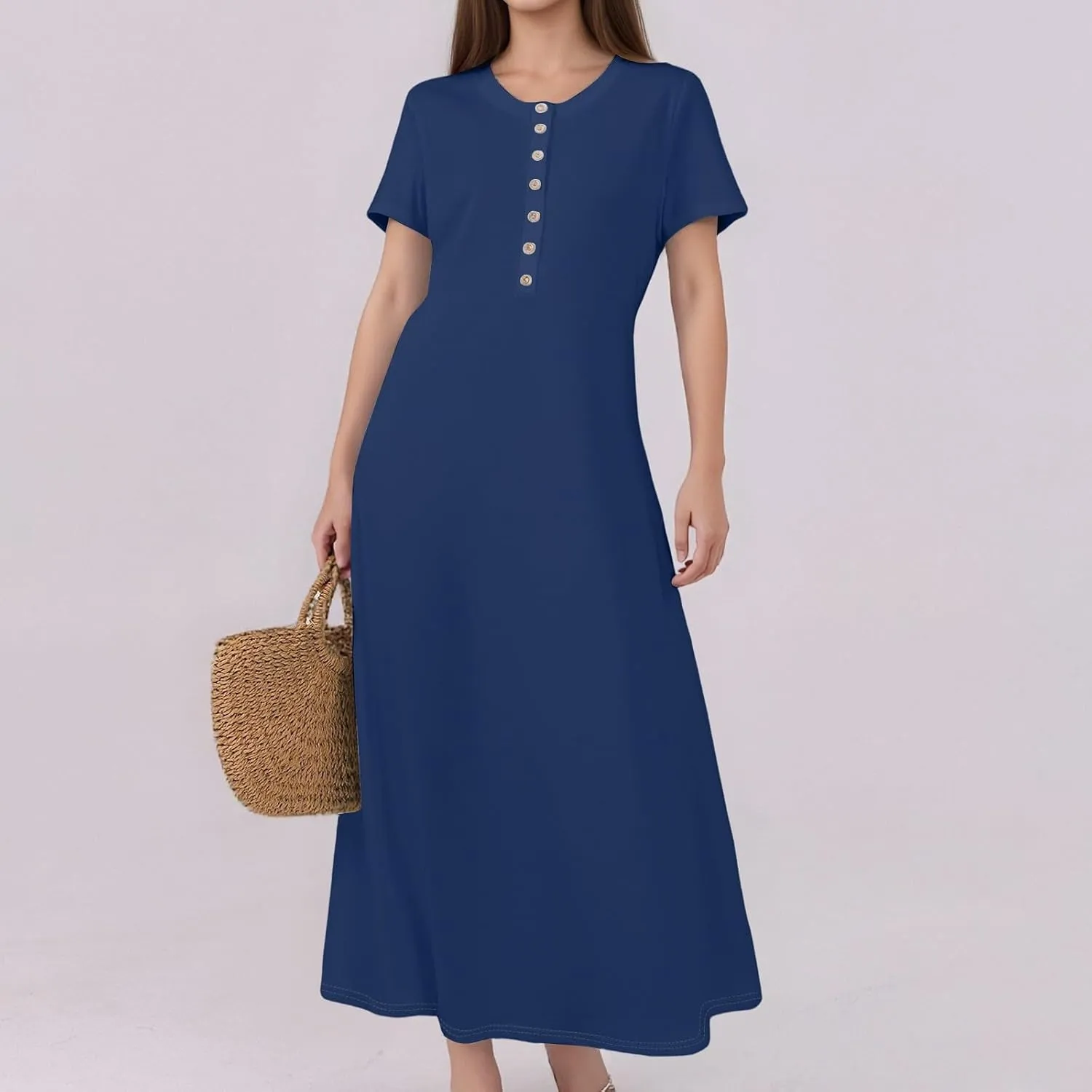 Women's Casual Printed Summer Round Neck Button Dress with Pockets