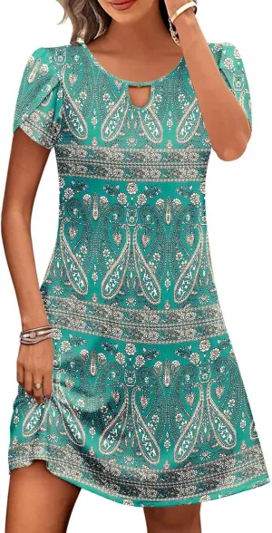 Women's Casual Summer A-Line Dresses Beach Floral Tshirt Dress Short Sleeve Mini Dress Flowy Sundresses