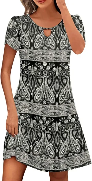 Women's Casual Summer A-Line Dresses Beach Floral Tshirt Dress Short Sleeve Mini Dress Flowy Sundresses