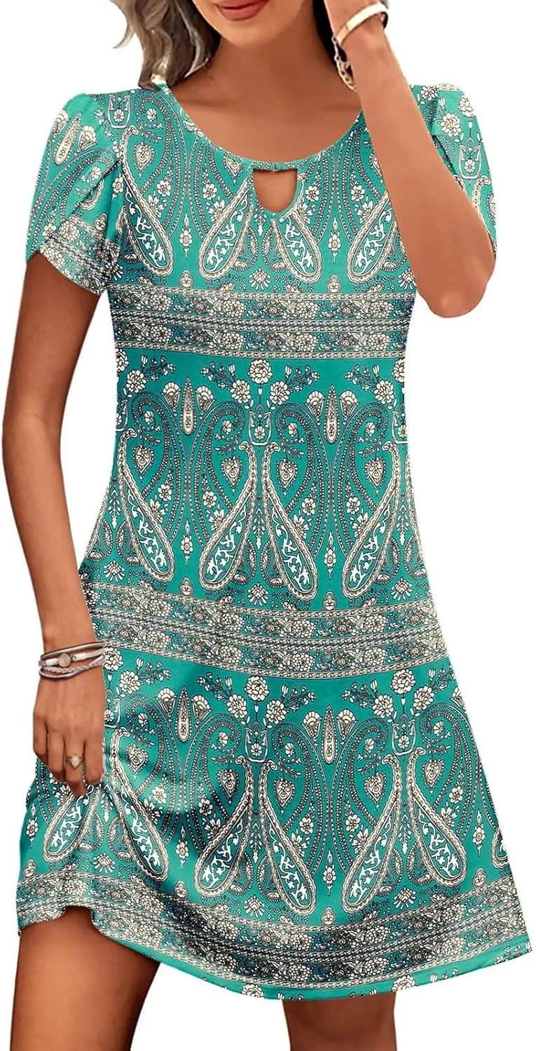 Women's Casual Summer A-Line Dresses Beach Floral Tshirt Dress Short Sleeve Mini Dress Flowy Sundresses