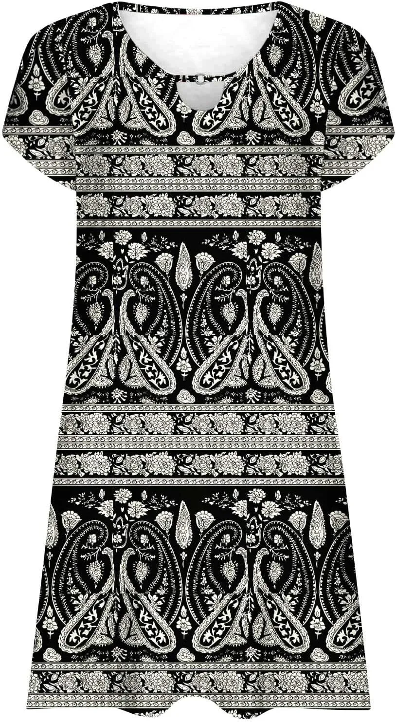 Women's Casual Summer A-Line Dresses Beach Floral Tshirt Dress Short Sleeve Mini Dress Flowy Sundresses