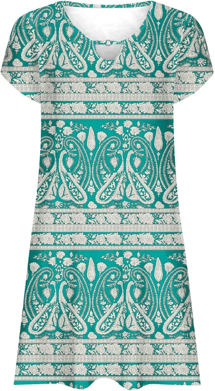 Women's Casual Summer A-Line Dresses Beach Floral Tshirt Dress Short Sleeve Mini Dress Flowy Sundresses