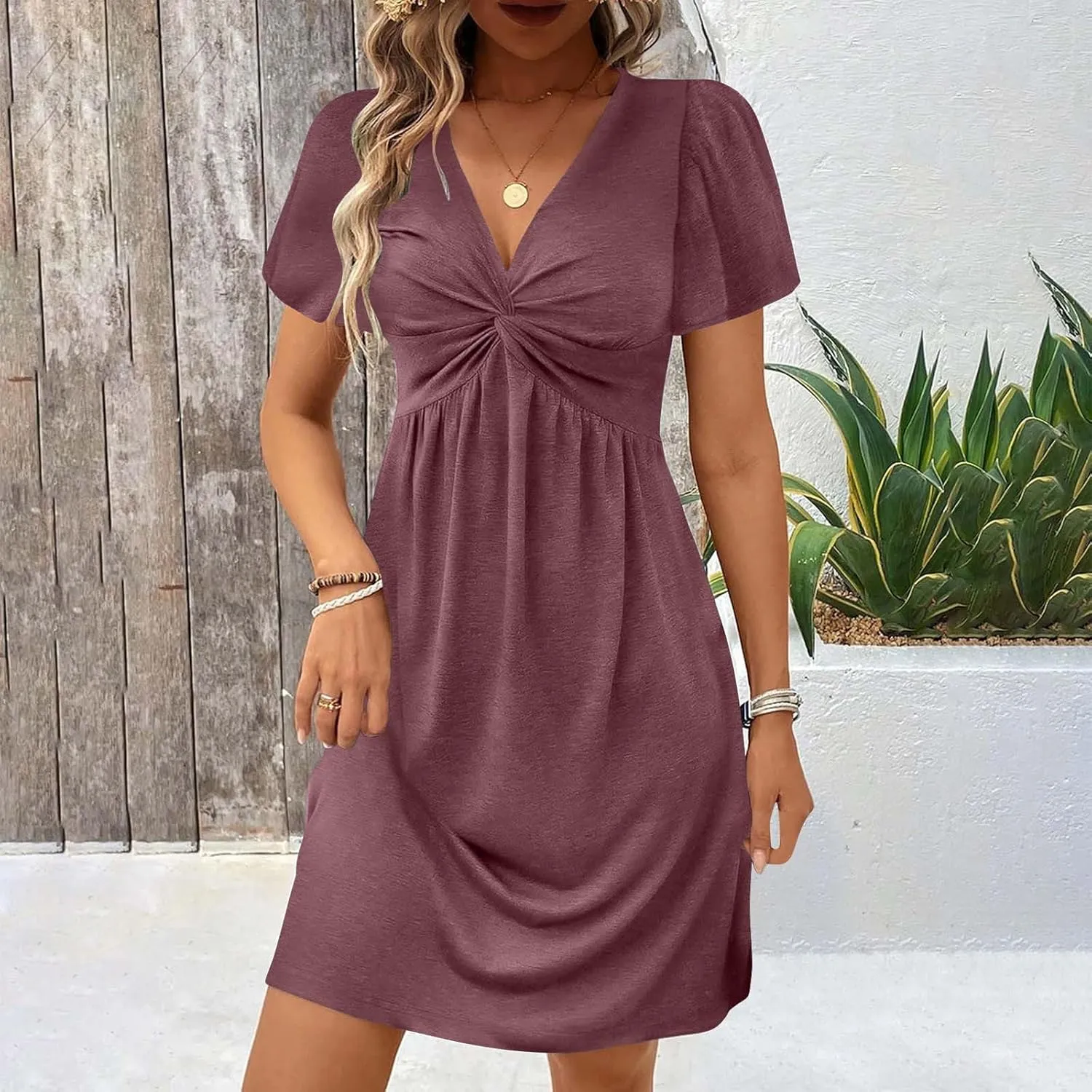 Womens Casual Summer Dresses Twist Front V Neck Ruffle Short Sleeve Dress Sexy Elegant Sundress Bodycon Mini Dresses