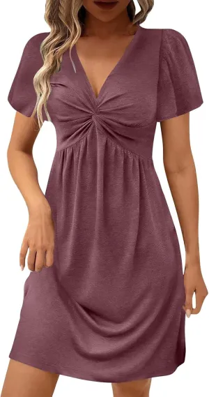 Womens Casual Summer Dresses Twist Front V Neck Ruffle Short Sleeve Dress Sexy Elegant Sundress Bodycon Mini Dresses