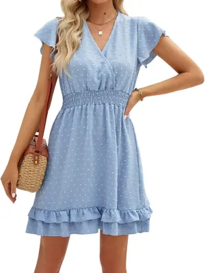 Womens Casual Summer Mini Dress V Neck Short Sleeve Swiss Dot Ruffle Dresses Flowy Swing Vacation Beach Sundress