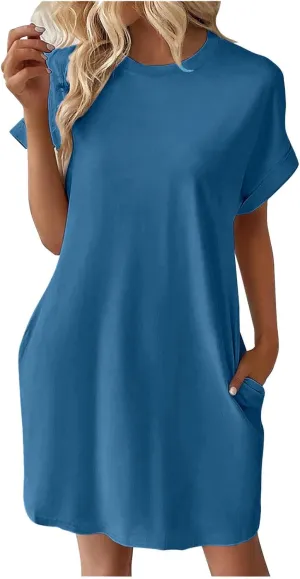 Womens Casual Summer Mini Tunic Dresses Short Sleeve Shift Dress Loose Crewneck Tshirt Sundress with Pockets