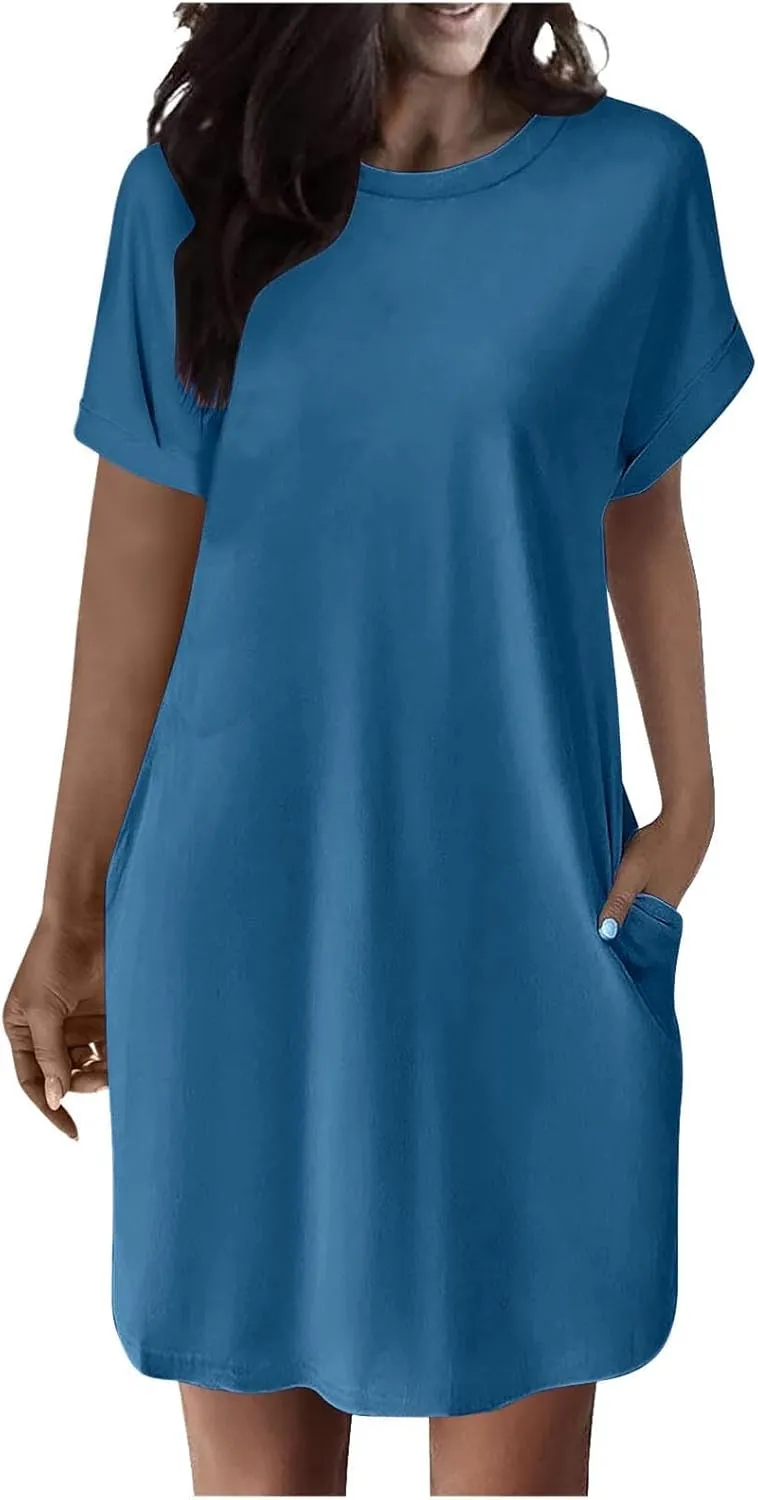 Womens Casual Summer Mini Tunic Dresses Short Sleeve Shift Dress Loose Crewneck Tshirt Sundress with Pockets