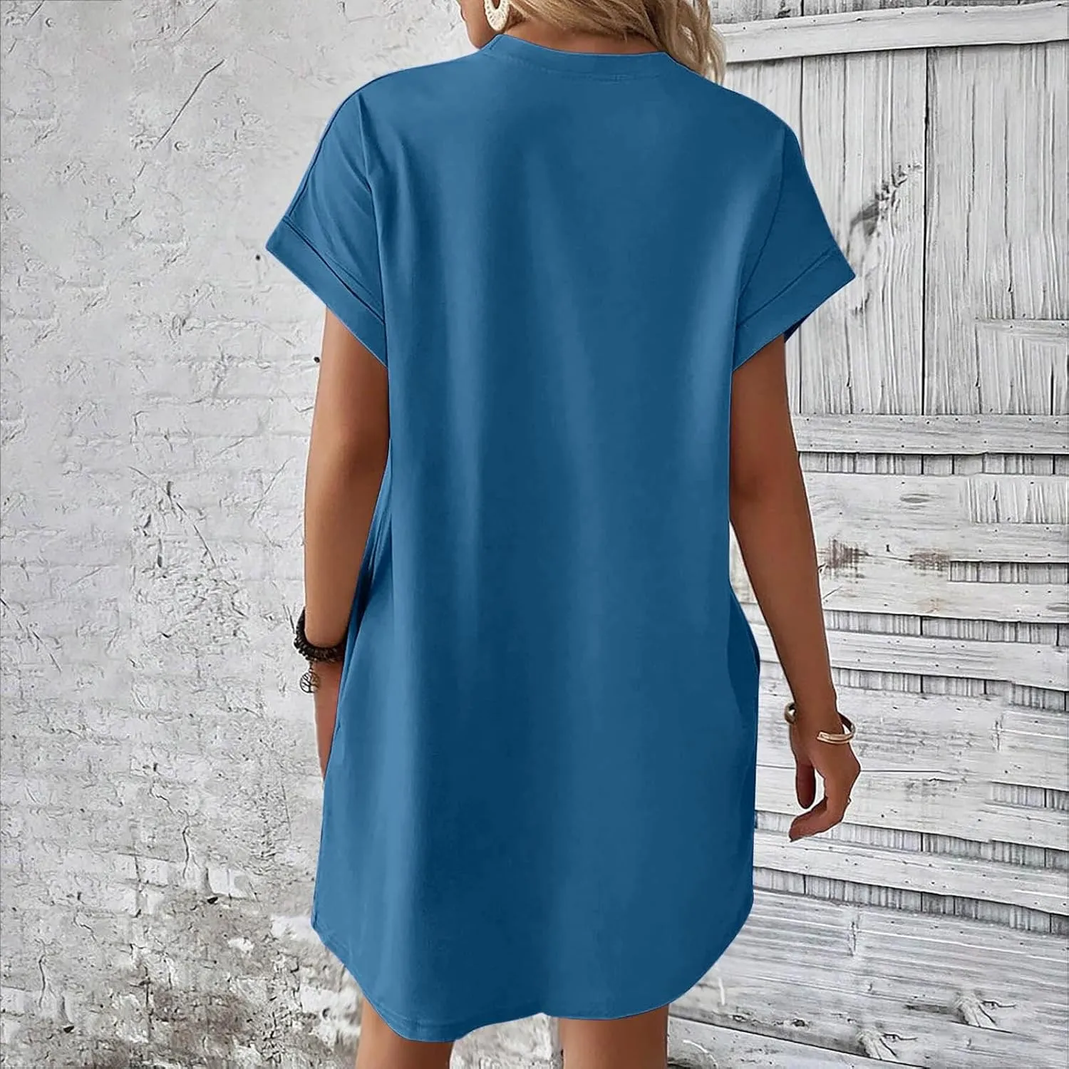 Womens Casual Summer Mini Tunic Dresses Short Sleeve Shift Dress Loose Crewneck Tshirt Sundress with Pockets
