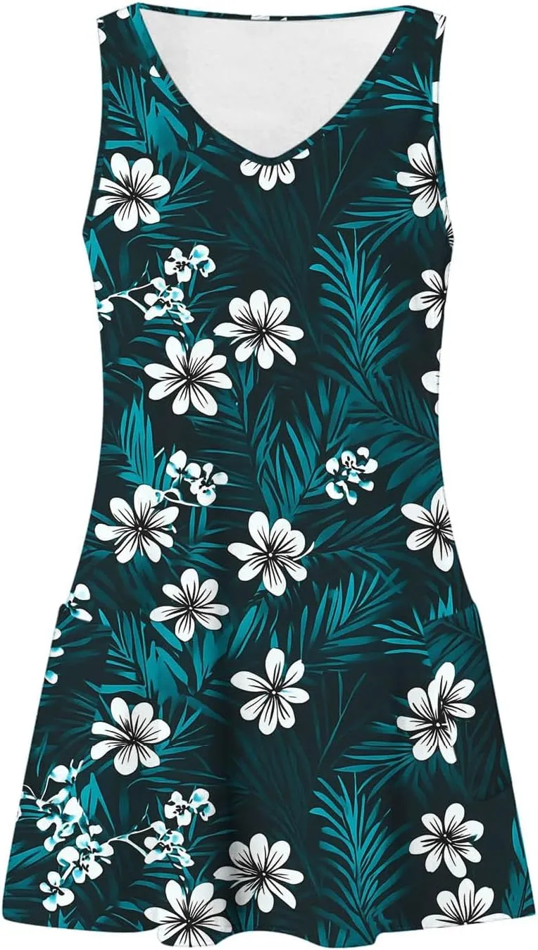 Women's Casual Sundress with Pockets, Summer Tropical Boho Beach Dress, V Neck Loose T-Shirts Tank Dresses