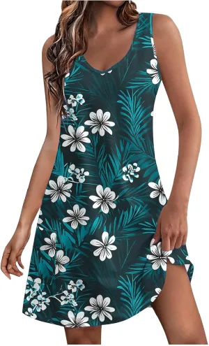 Women's Casual Sundress with Pockets, Summer Tropical Boho Beach Dress, V Neck Loose T-Shirts Tank Dresses
