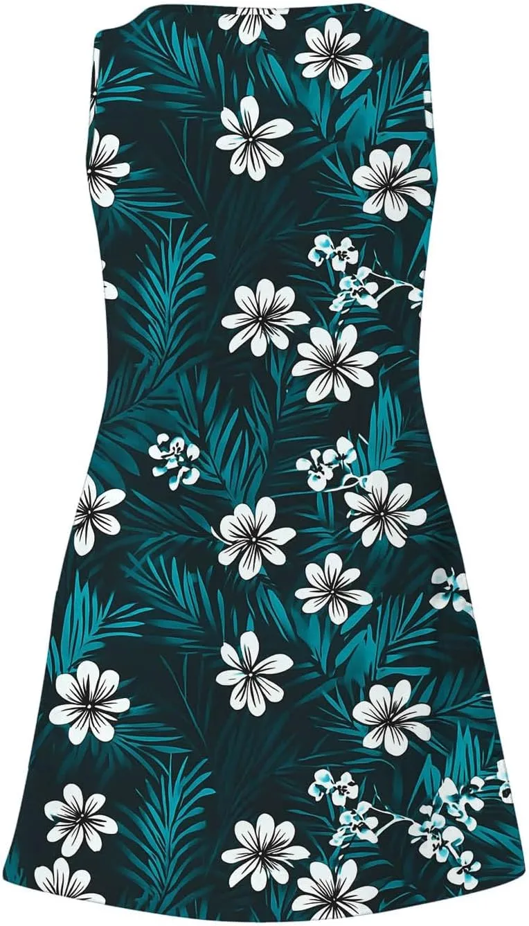 Women's Casual Sundress with Pockets, Summer Tropical Boho Beach Dress, V Neck Loose T-Shirts Tank Dresses