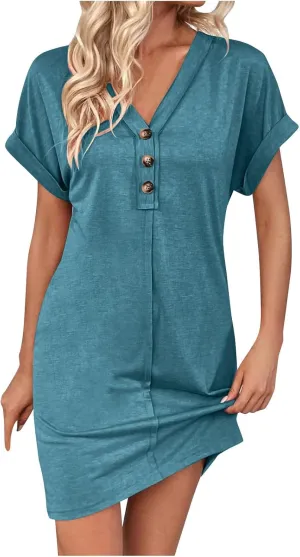 Women's Casual T Shirt Dress Button Up V Neck Tunic Dresses Summer Short Sleeve Mini Dresses Loose Sundresses