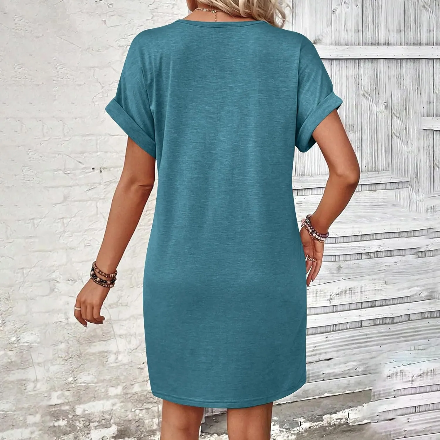 Women's Casual T Shirt Dress Button Up V Neck Tunic Dresses Summer Short Sleeve Mini Dresses Loose Sundresses