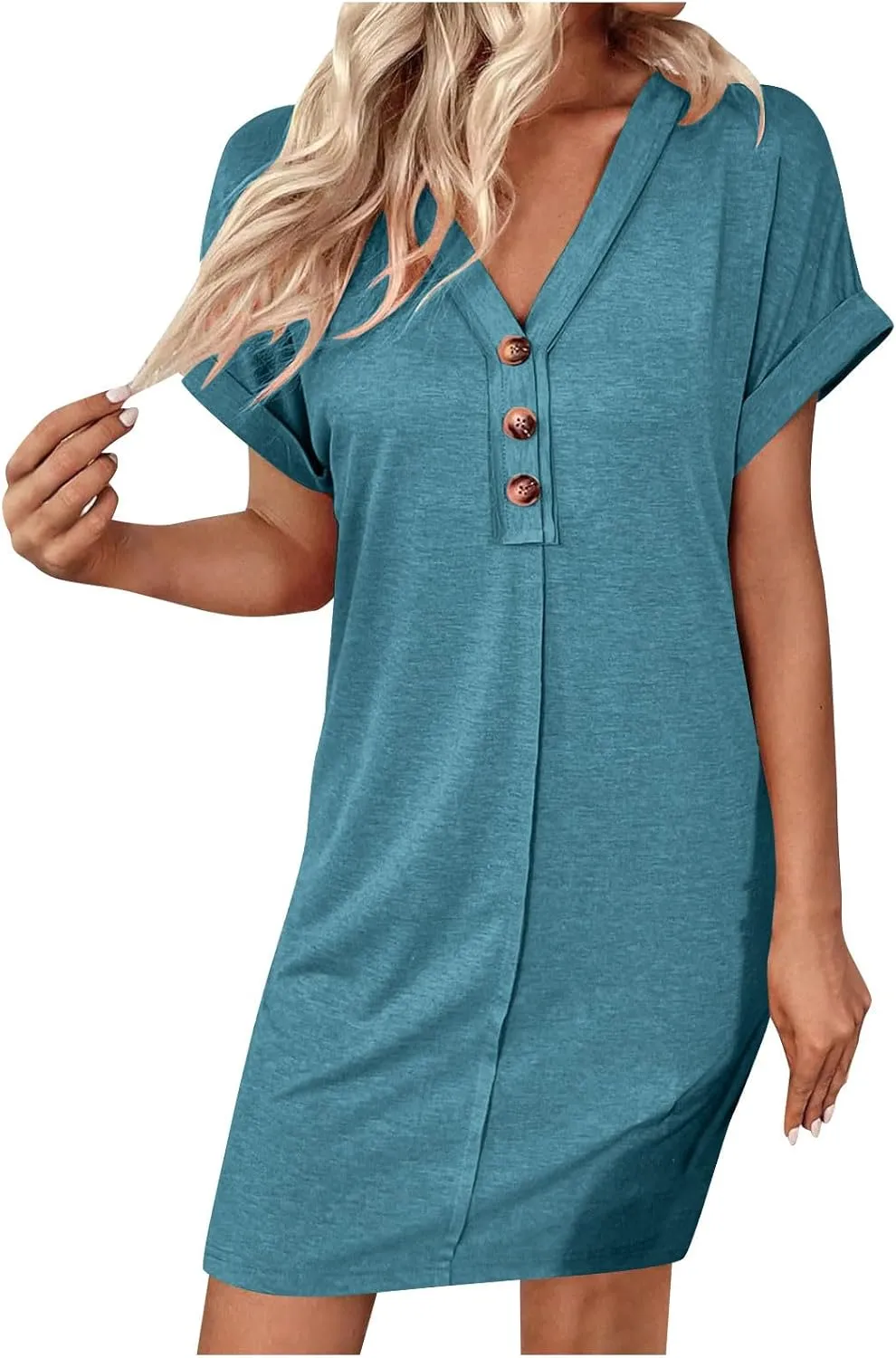 Women's Casual T Shirt Dress Button Up V Neck Tunic Dresses Summer Short Sleeve Mini Dresses Loose Sundresses