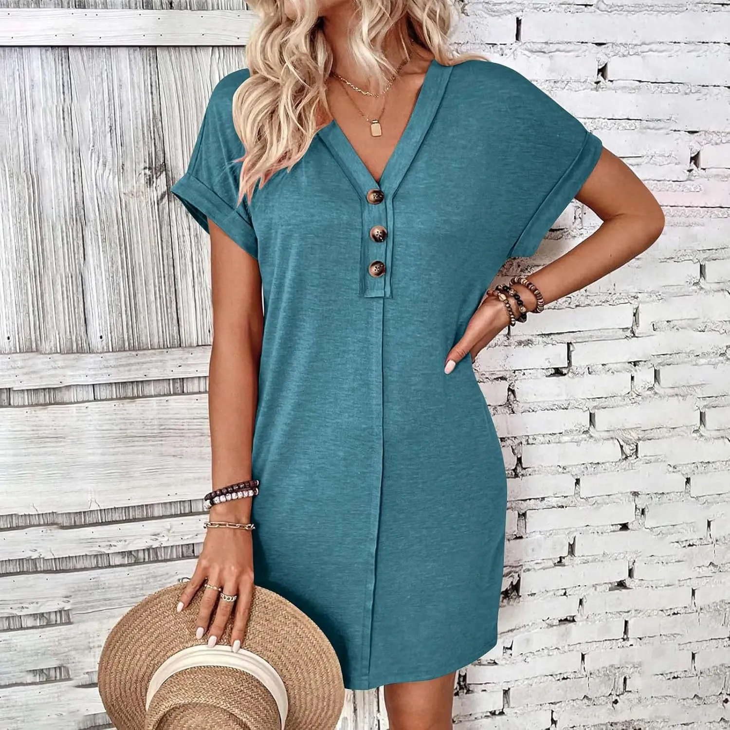 Women's Casual T Shirt Dress Button Up V Neck Tunic Dresses Summer Short Sleeve Mini Dresses Loose Sundresses